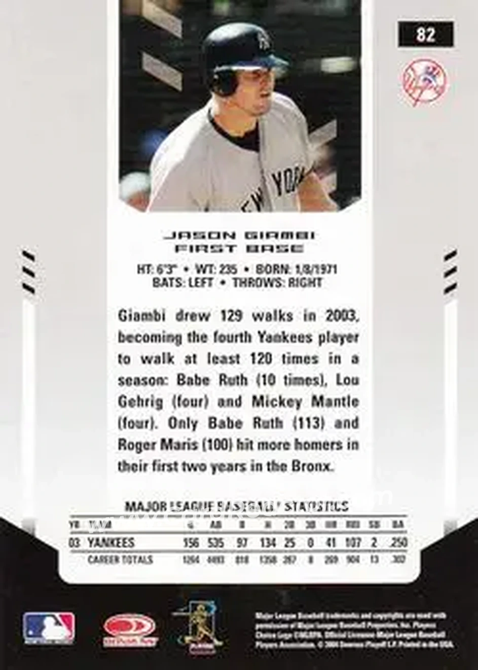 2004 Leaf Certified Materials #82 - Jason Giambi - New York Yankees - Back