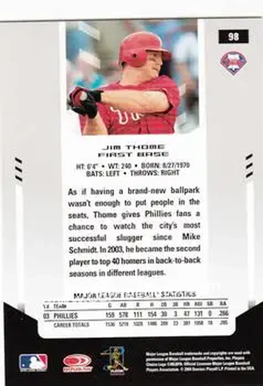 2004 Leaf Certified Materials #98 - Jim Thome - Philadelphia Phillies - Back
