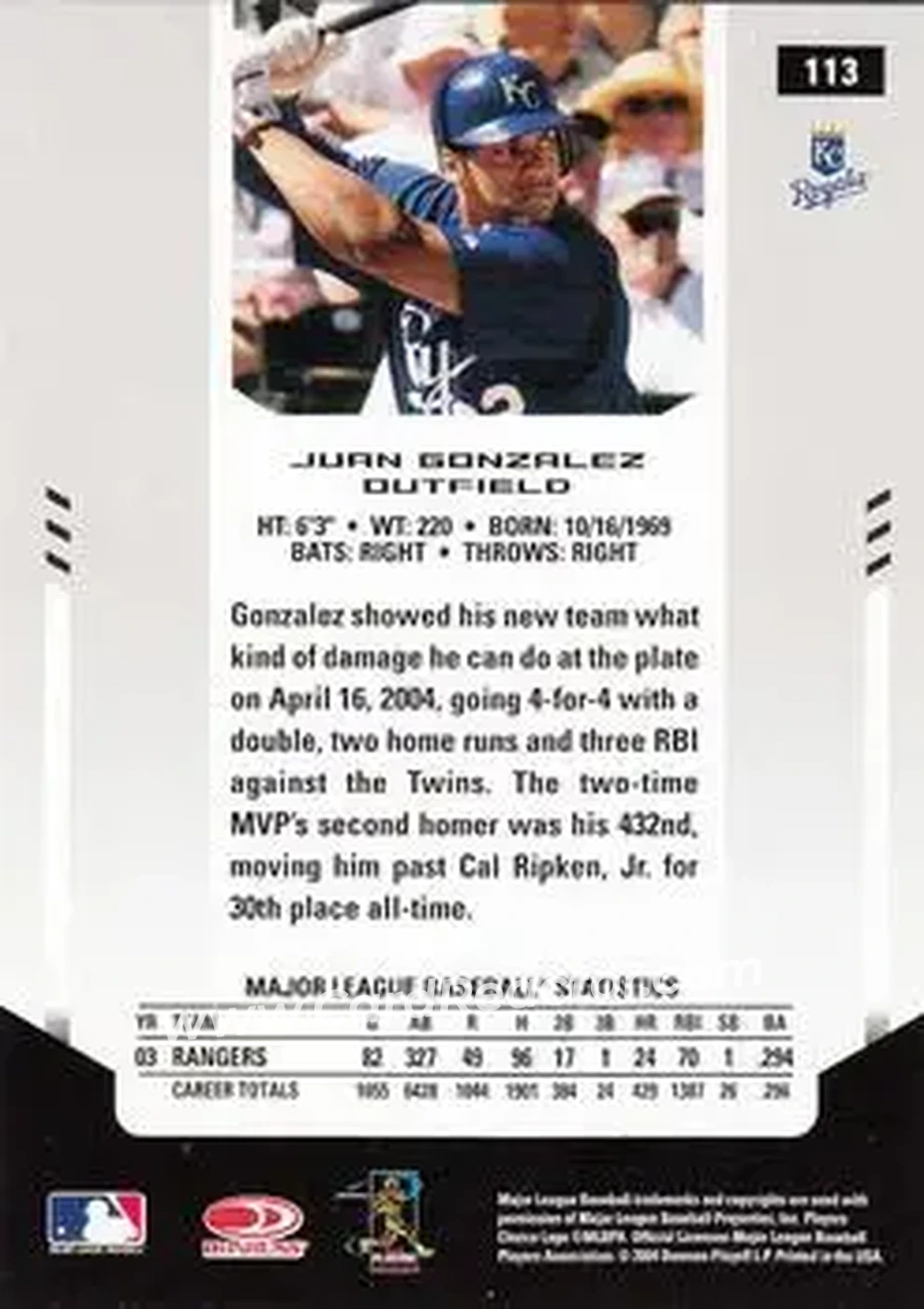 2004 Leaf Certified Materials #113 - Juan Gonzalez - Kansas City Royals - Back