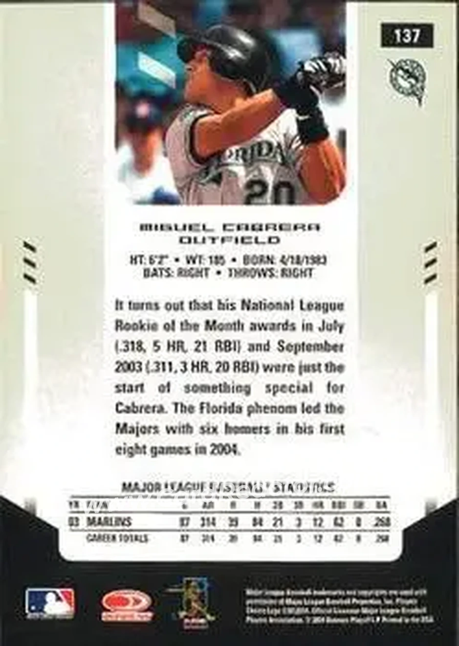 2004 Leaf Certified Materials #137 - Miguel Cabrera - Florida Marlins - Back