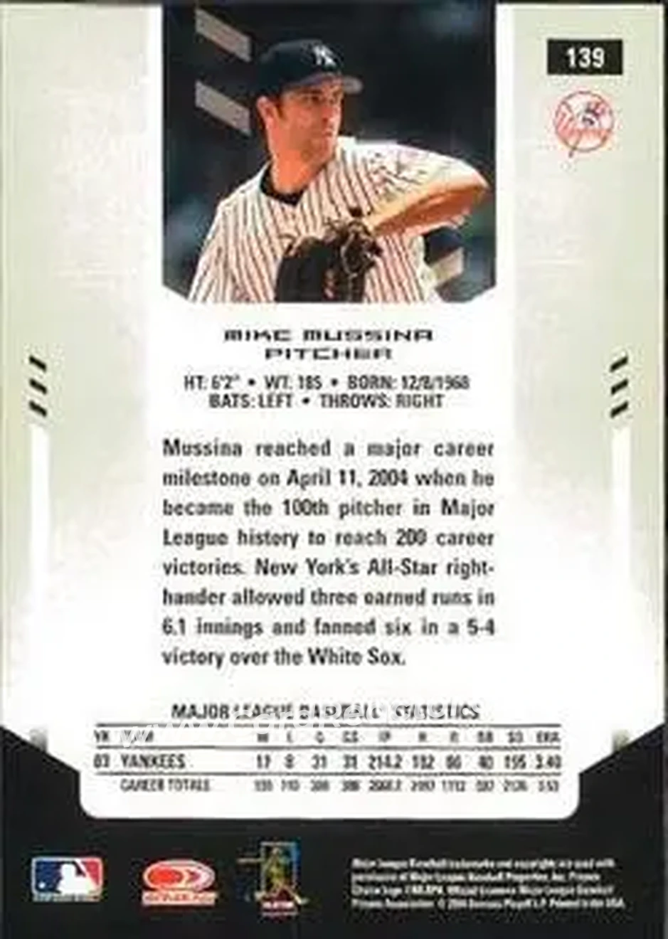 2004 Leaf Certified Materials #139 - Mike Mussina - New York Yankees - Back