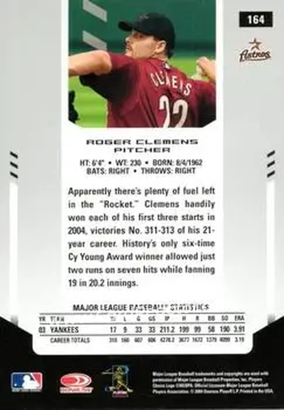 2004 Leaf Certified Materials #164 - Roger Clemens - Houston Astros - Back