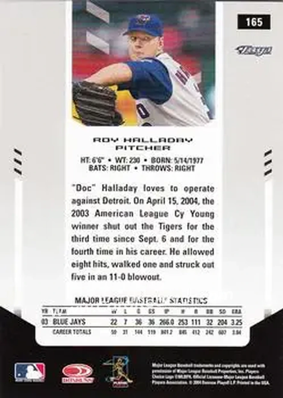 2004 Leaf Certified Materials #165 - Roy Halladay - Toronto Blue Jays - Back