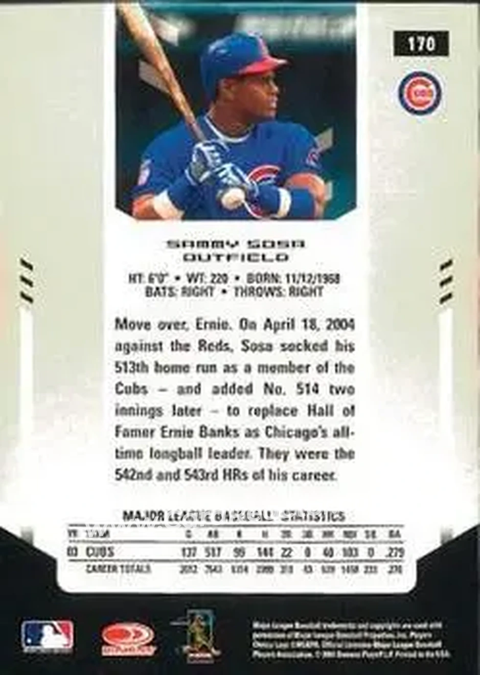 2004 Leaf Certified Materials #170 - Sammy Sosa - Chicago Cubs - Back