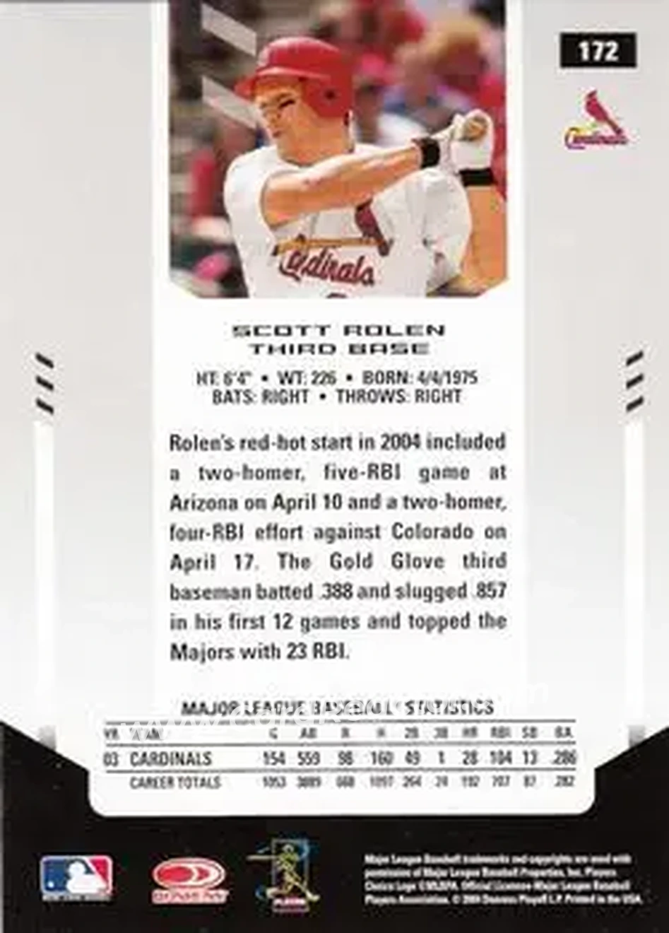 2004 Leaf Certified Materials #172 - Scott Rolen - St. Louis Cardinals - Back
