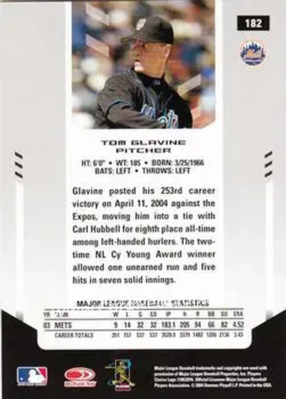 2004 Leaf Certified Materials #182 - Tom Glavine - New York Mets - Back