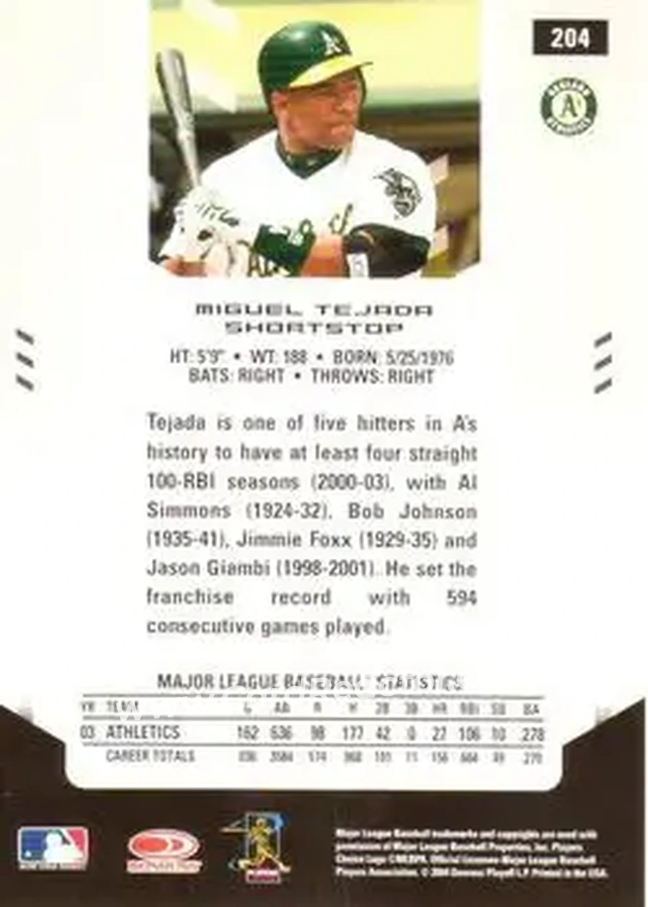 2004 Leaf Certified Materials #204 - Miguel Tejada - Oakland Athletics - Back