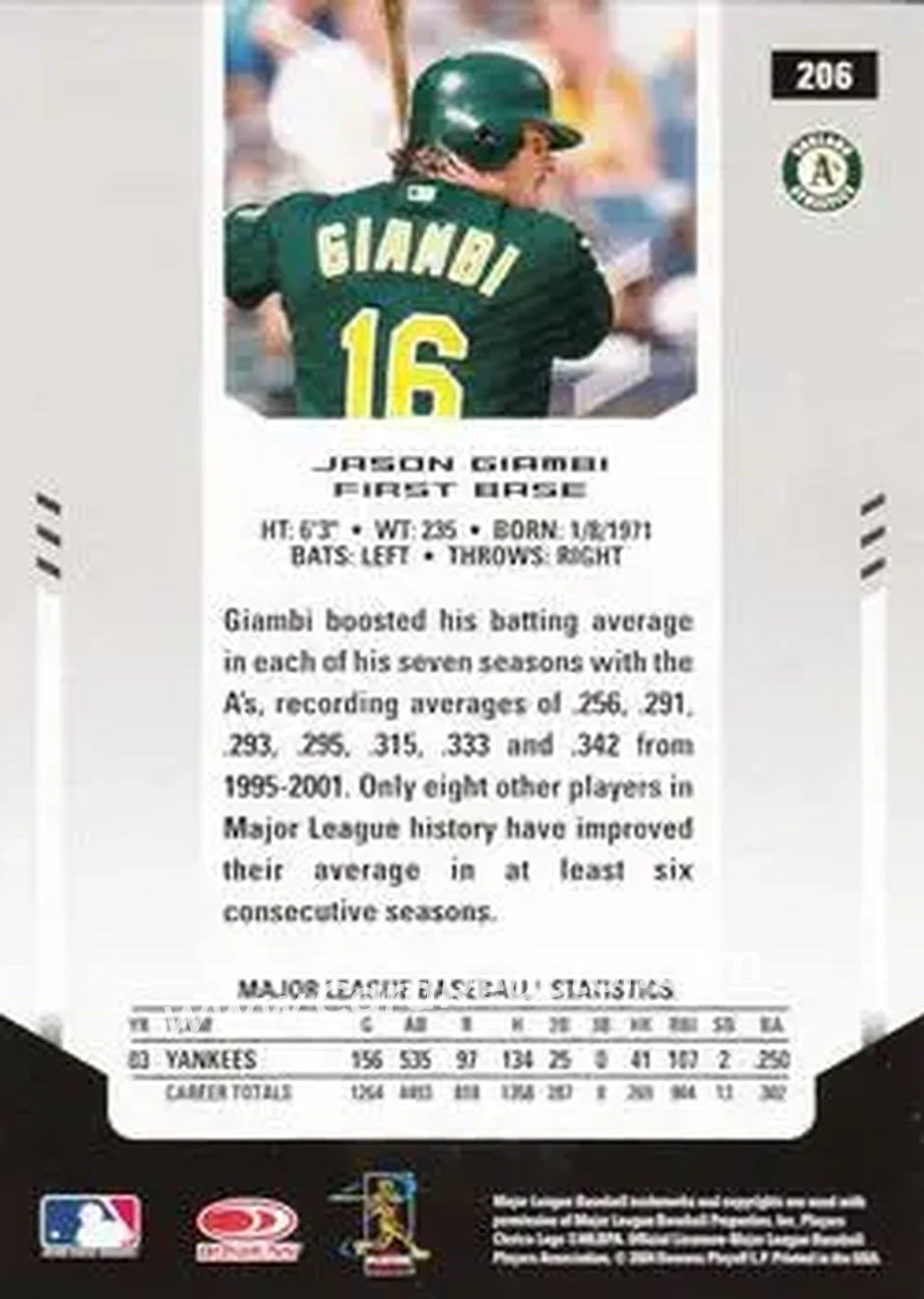 2004 Leaf Certified Materials #206 - Jason Giambi - Oakland Athletics - Back 2004 Leaf Certified Materials #206 - Jason Giambi - Oakland Athletics - Back