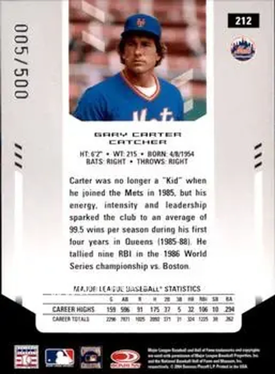 2004 Leaf Certified Materials #212 - Gary Carter - New York Mets - Back 2004 Leaf Certified Materials #212 - Gary Carter - New York Mets - Back