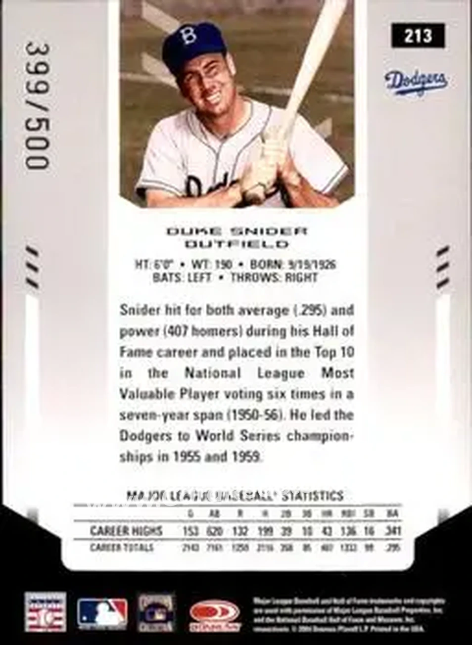 2004 Leaf Certified Materials #213 - Edwin "Duke" Snider - Brooklyn Dodgers - Back 2004 Leaf Certified Materials #213 - Edwin "Duke" Snider - Brooklyn Dodgers - Back