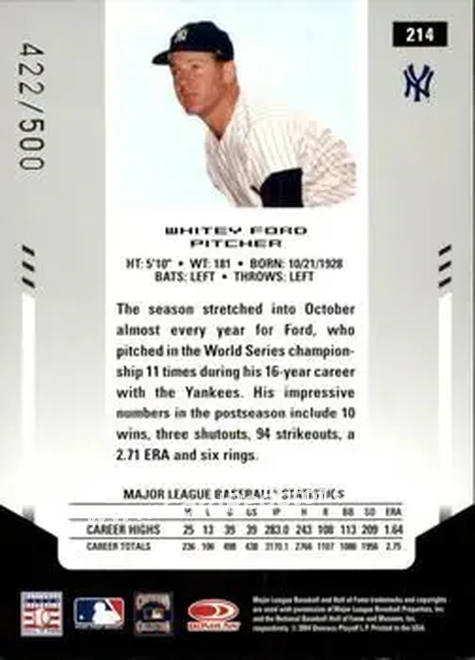 2004 Leaf Certified Materials #214 - Ed "Whitey" Ford - New York Yankees - Back