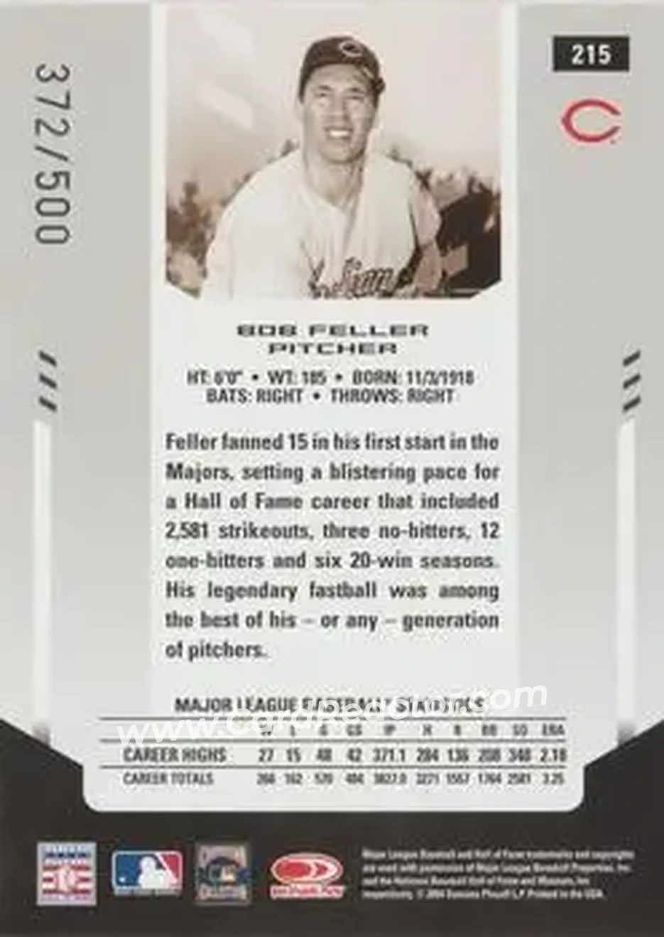 2004 Leaf Certified Materials #215 - Bob Feller - Cleveland Indians - Back