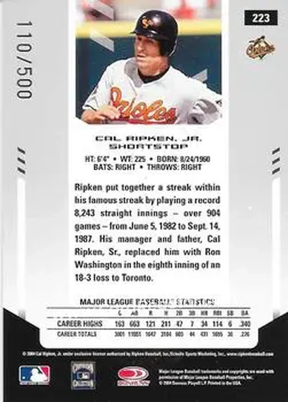 2004 Leaf Certified Materials #223 - Cal Ripken - Baltimore Orioles - Back