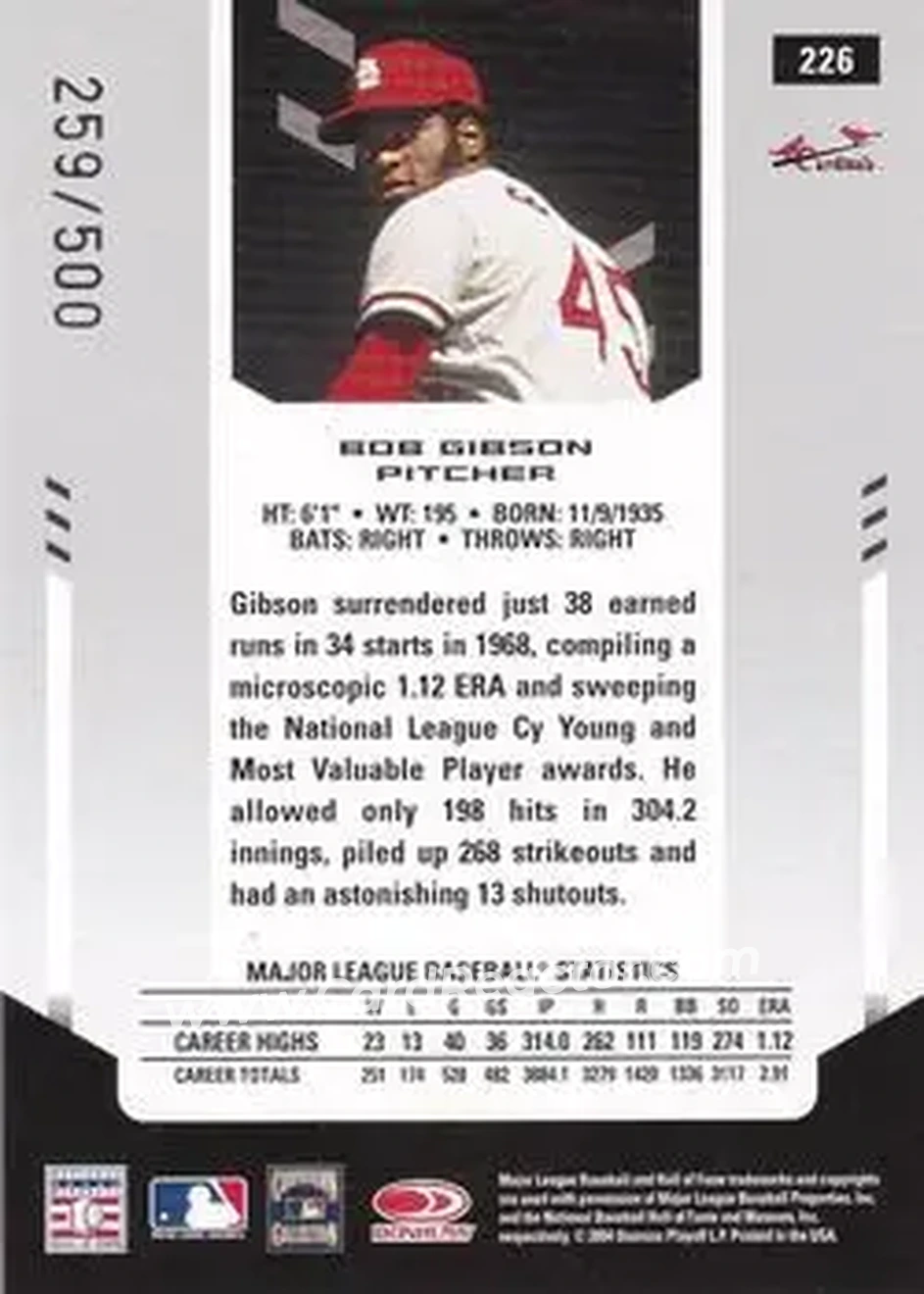 2004 Leaf Certified Materials #226 - Bob Gibson - St. Louis Cardinals - Back