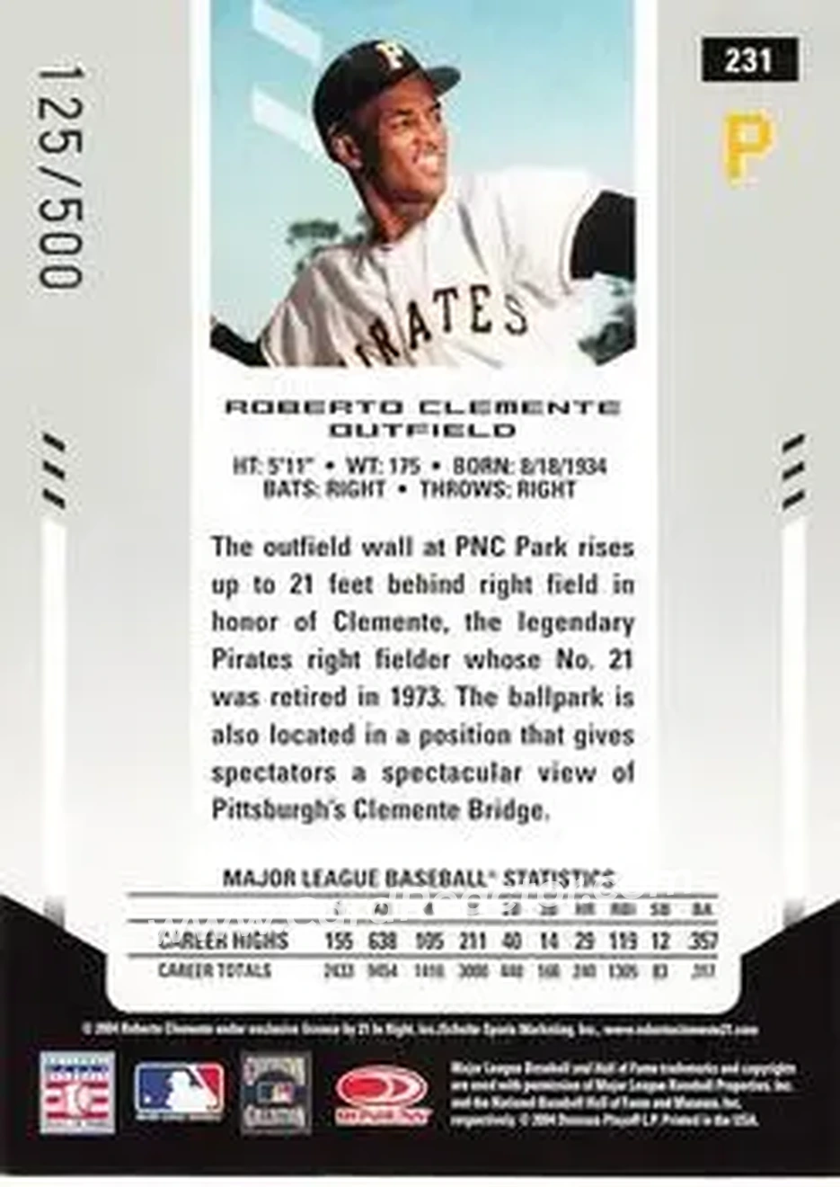 2004 Leaf Certified Materials #231 - Bob Clemente - Pittsburgh Pirates - Back