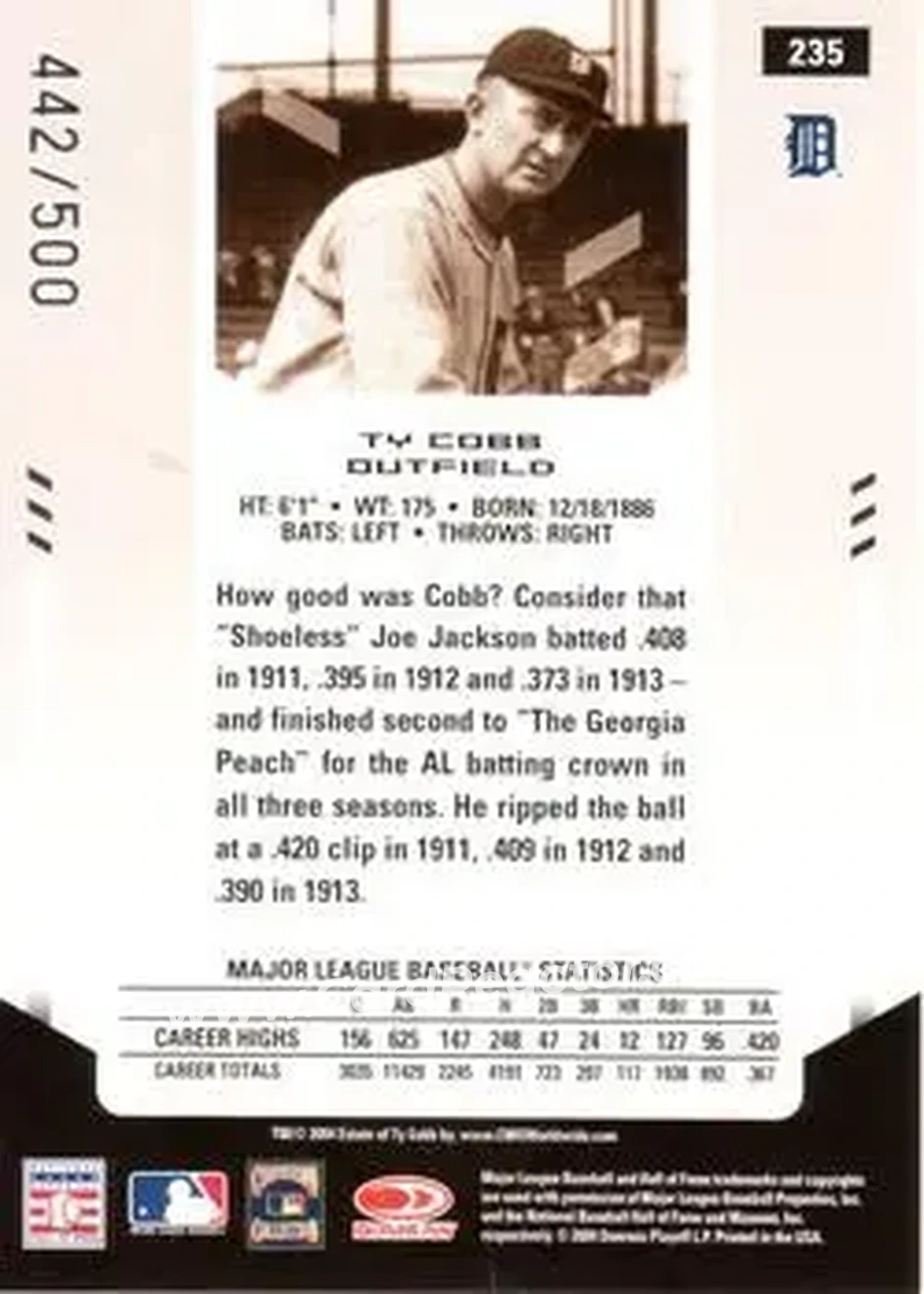 2004 Leaf Certified Materials #235 - Ty Cobb - Detroit Tigers - Back
