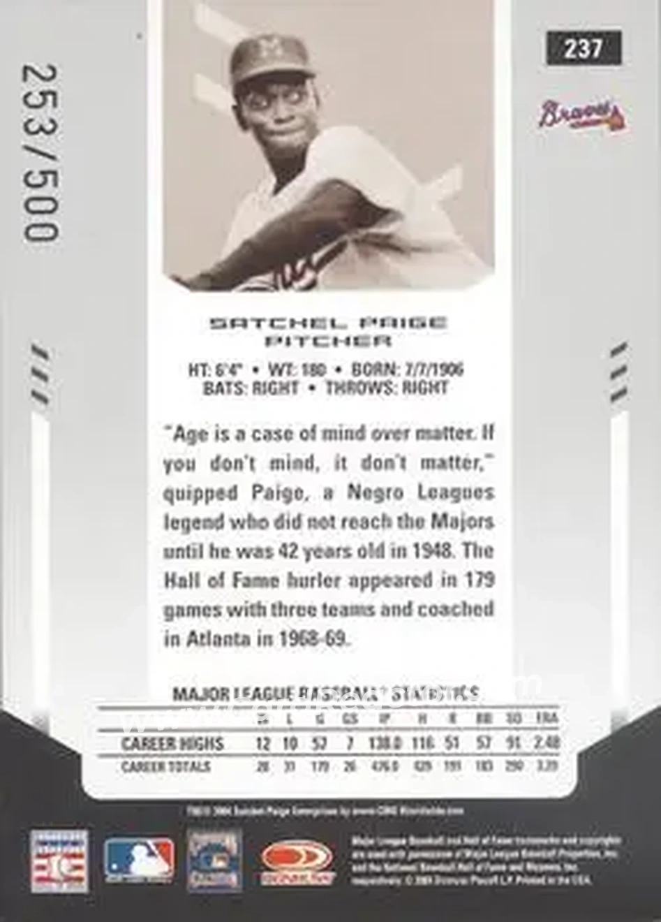 2004 Leaf Certified Materials #237 - Satchel Paige - Atlanta Braves - Back