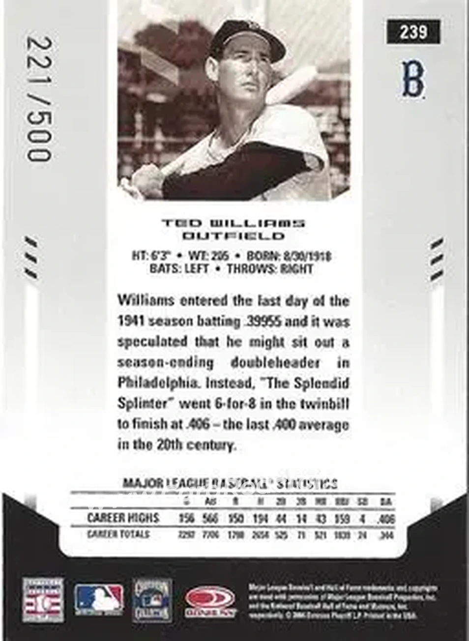 2004 Leaf Certified Materials #239 - Ted Williams - Boston Red Sox - Back 2004 Leaf Certified Materials #239 - Ted Williams - Boston Red Sox - Back