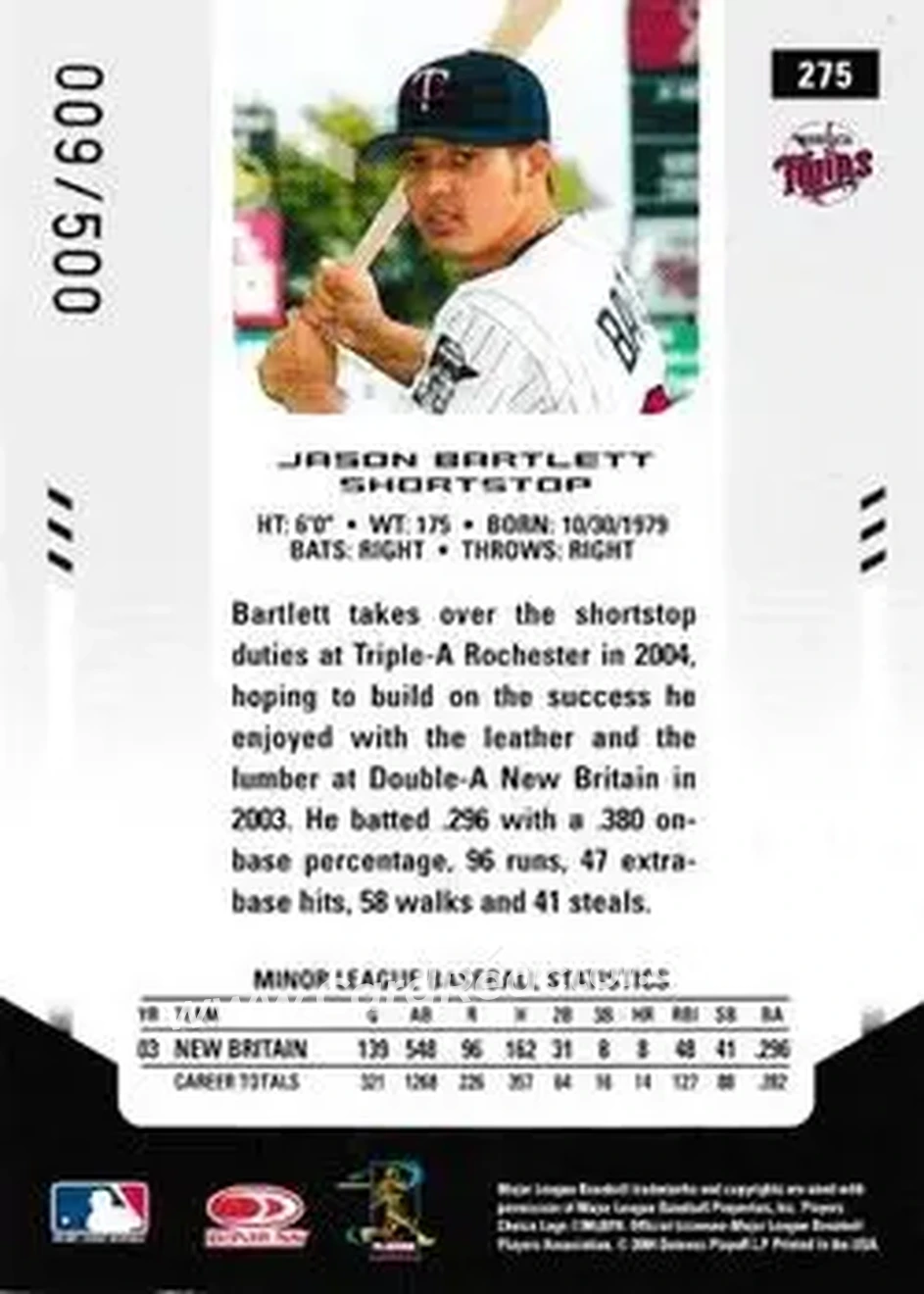 2004 Leaf Certified Materials #275 - Jason Bartlett - Minnesota Twins - Back