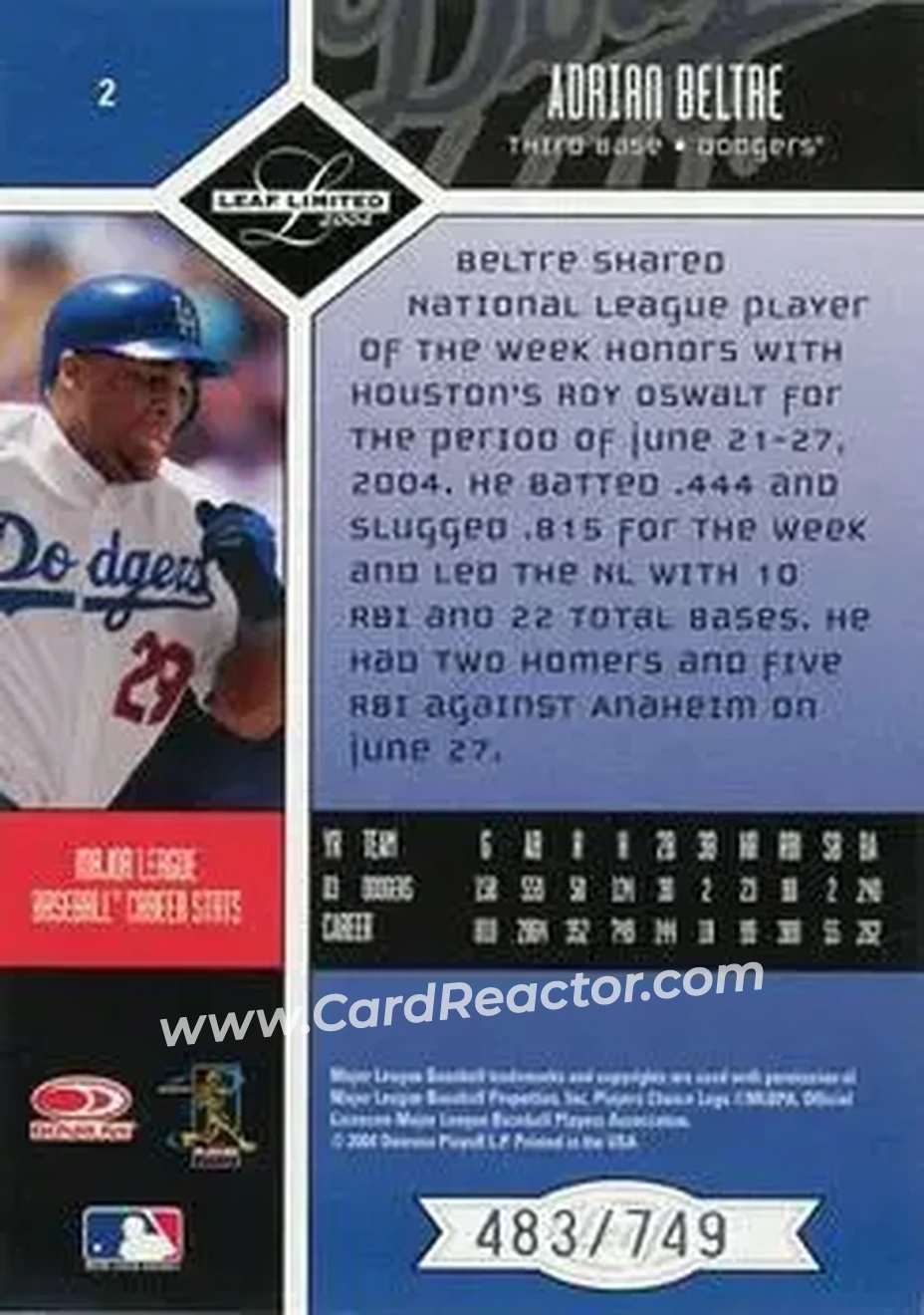 2004 Leaf Limited #2 - Adrian Beltré - Los Angeles Dodgers - Back