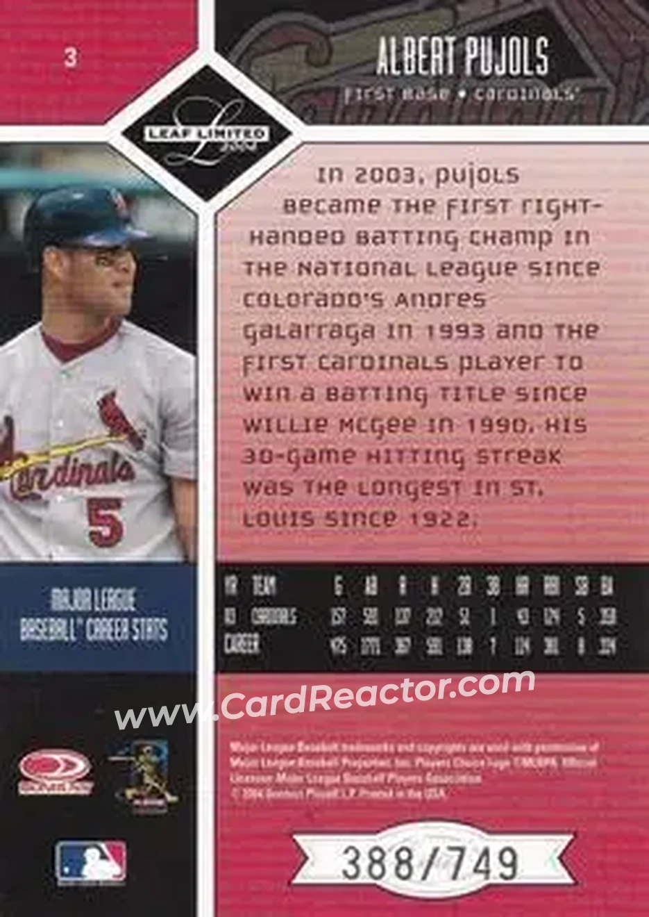 2004 Leaf Limited #3 - Albert Pujols - St. Louis Cardinals - Back