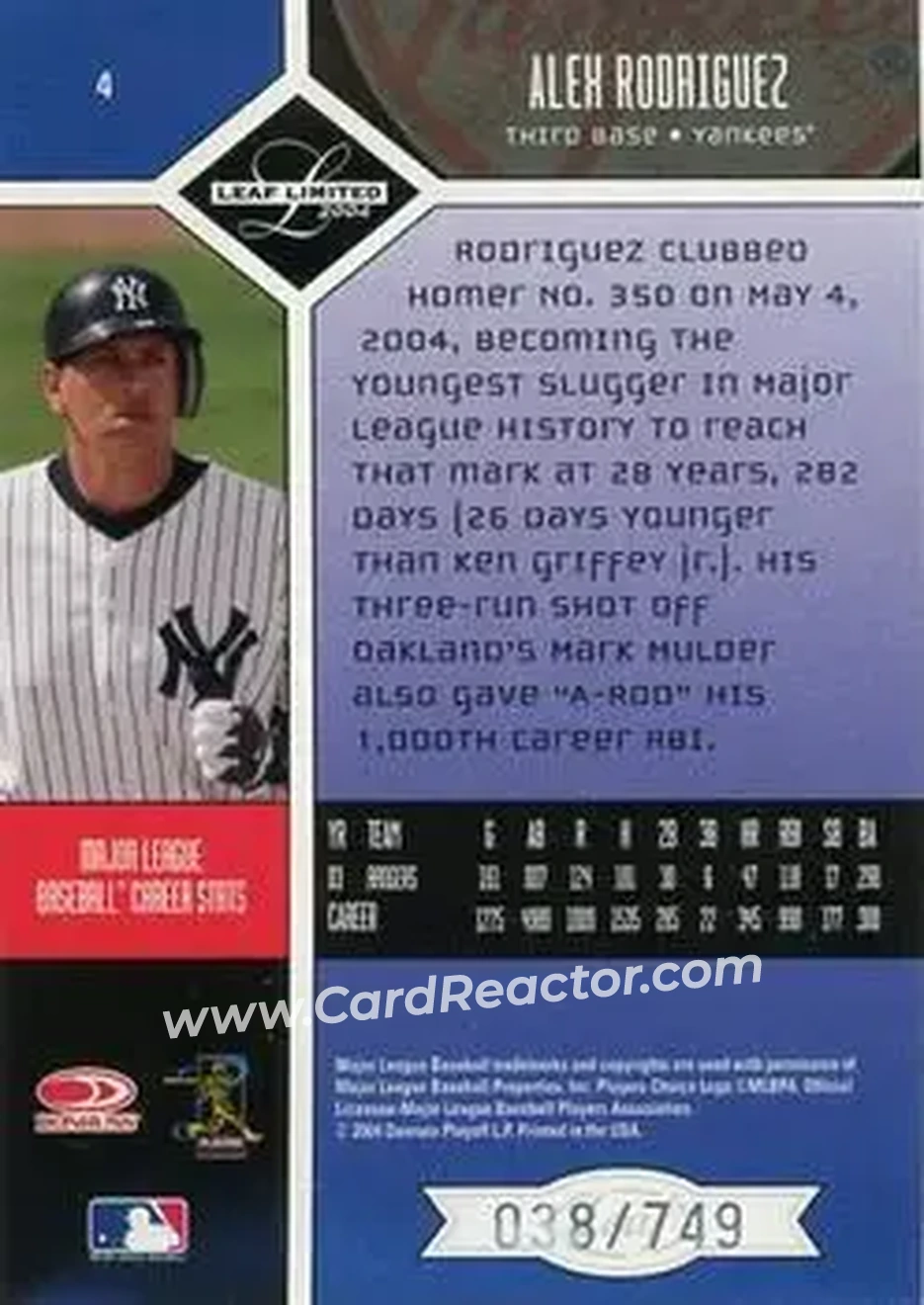 2004 Leaf Limited #4 - Alex Rodriguez - New York Yankees - Back