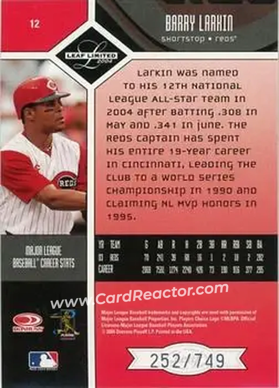 2004 Leaf Limited #12 - Barry Larkin - Cincinnati Reds - Back
