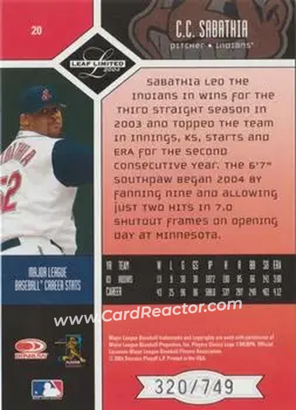 2004 Leaf Limited #20 - CC Sabathia - Cleveland Indians - Back