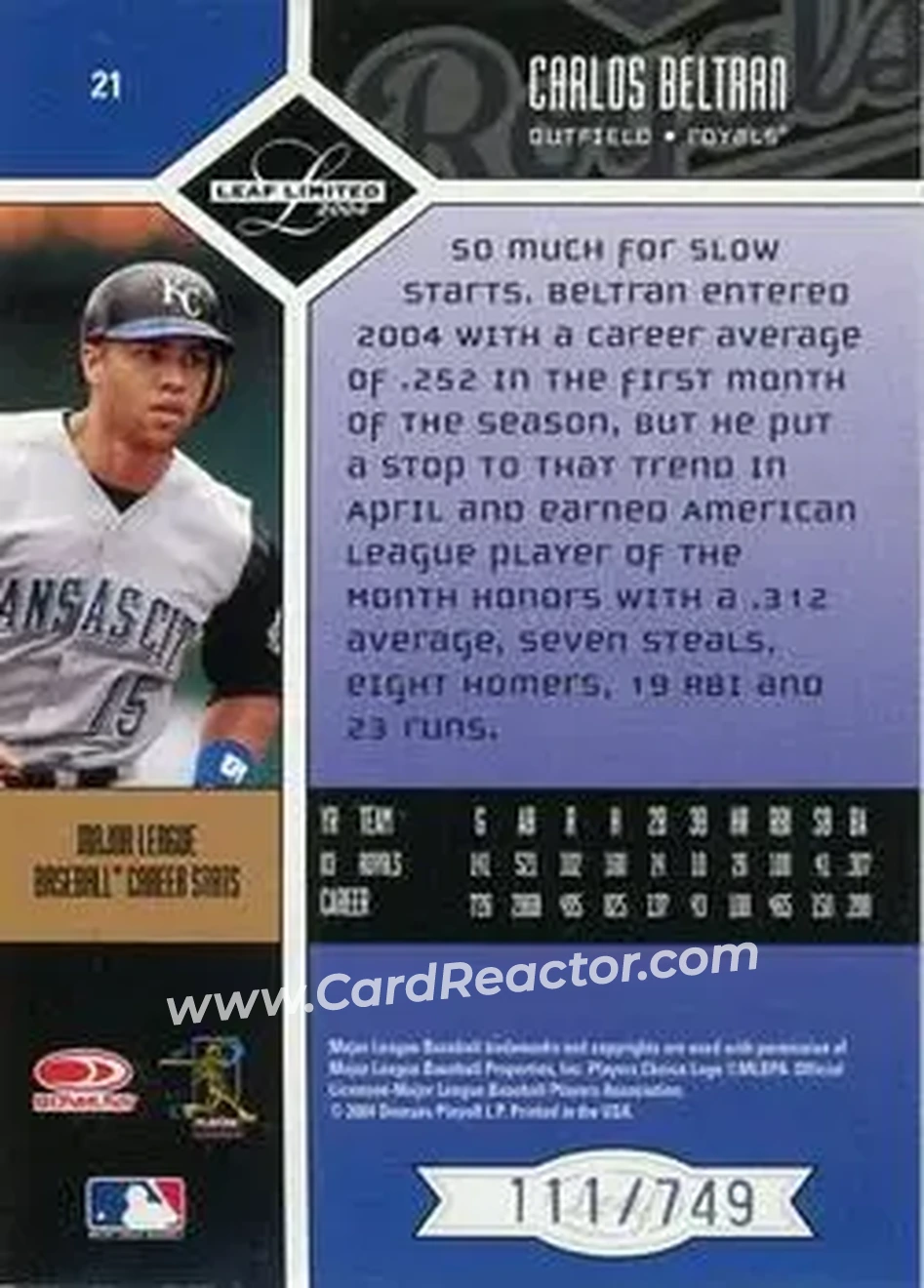2004 Leaf Limited #21 - Carlos Beltran - Kansas City Royals - Back