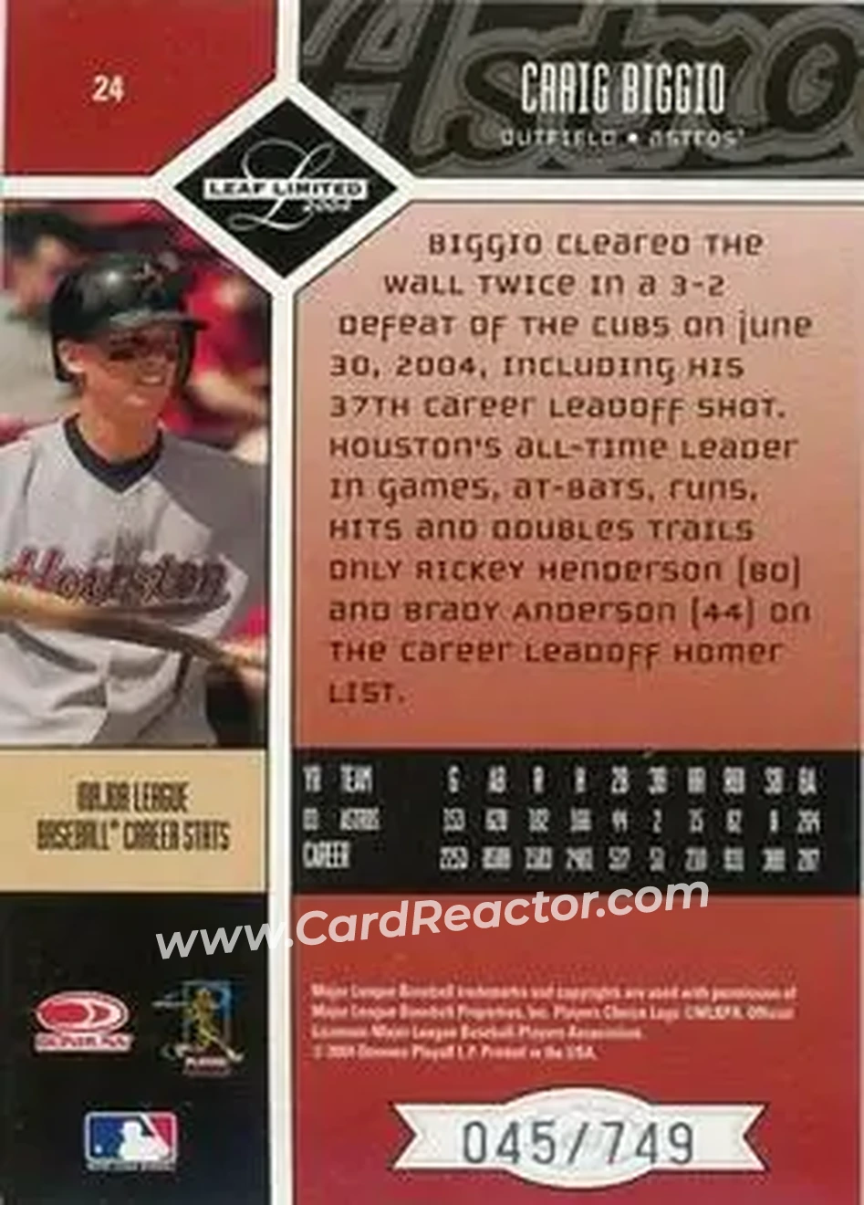 2004 Leaf Limited #24 - Craig Biggio - Houston Astros - Back