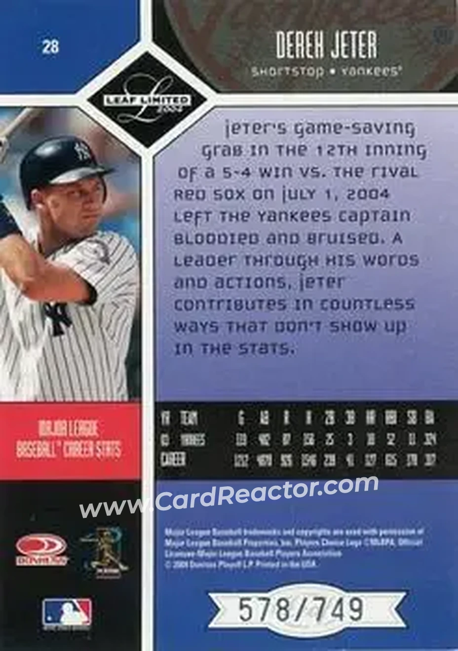 2004 Leaf Limited #28 - Derek Jeter - New York Yankees - Back 2004 Leaf Limited #28 - Derek Jeter - New York Yankees - Back