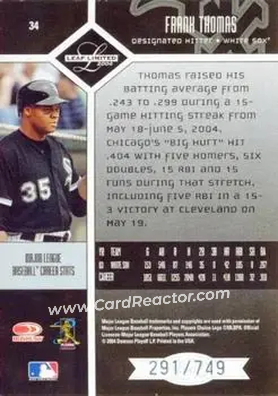 2004 Leaf Limited #34 - Frank Thomas - Chicago White Sox - Back
