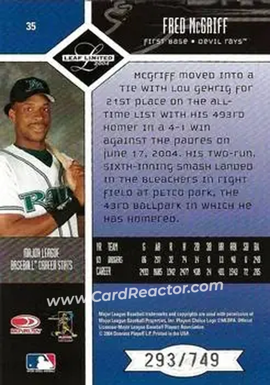 2004 Leaf Limited #35 - Fred McGriff - Tampa Bay Devil Rays - Back 2004 Leaf Limited #35 - Fred McGriff - Tampa Bay Devil Rays - Back