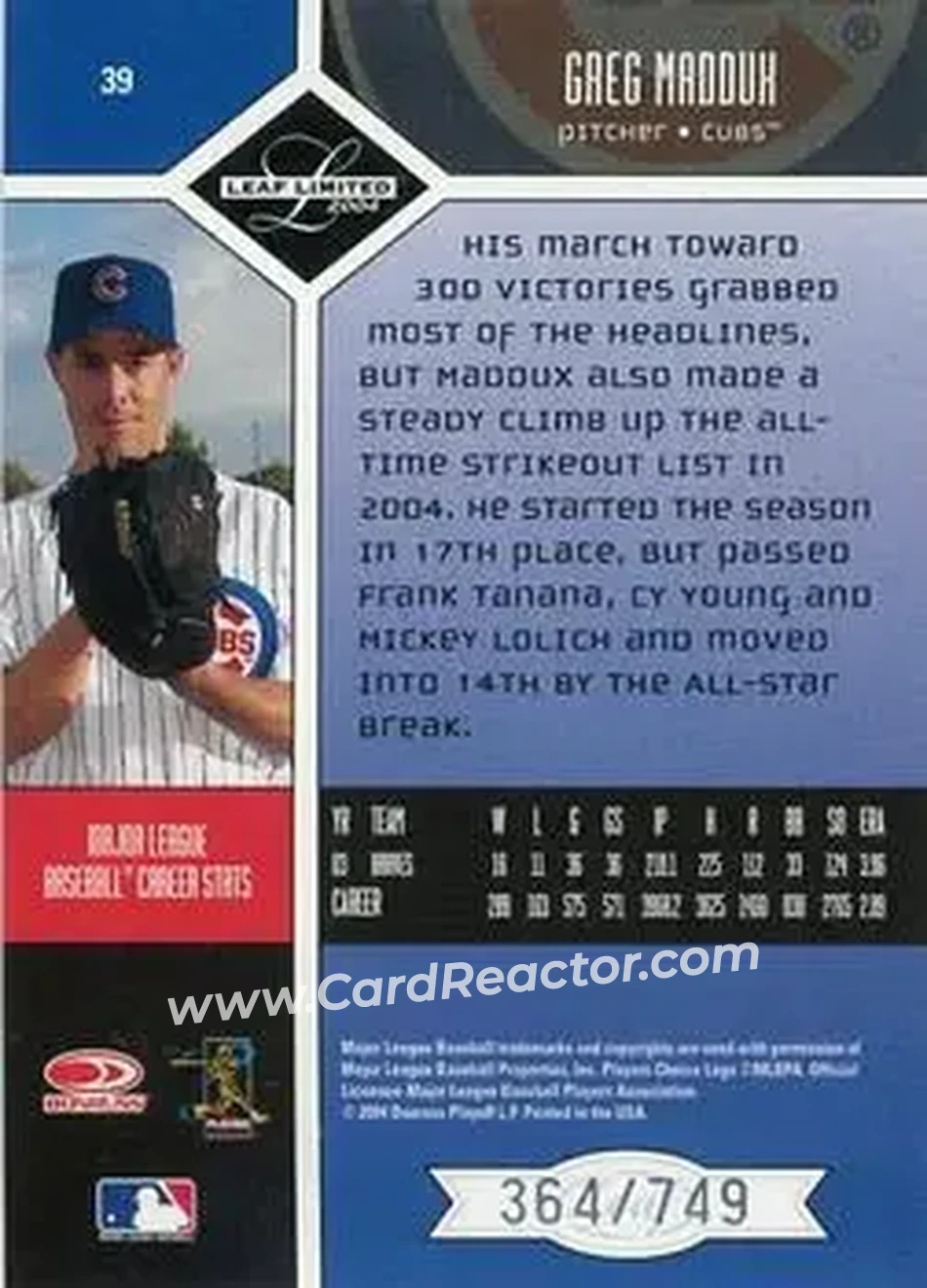2004 Leaf Limited #39 - Greg Maddux - Chicago Cubs - Back