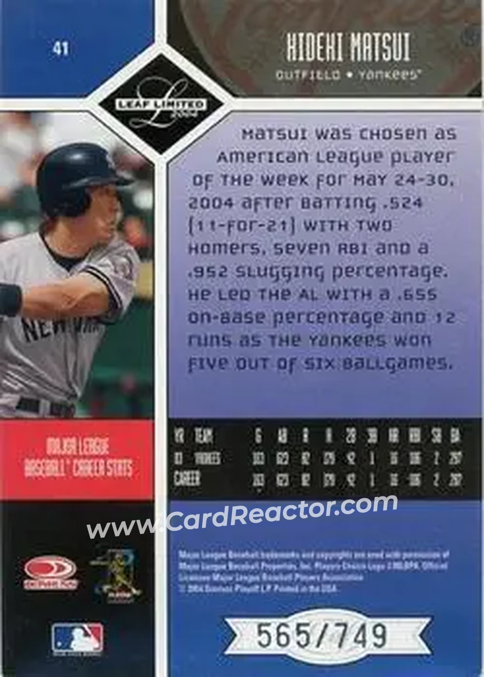 2004 Leaf Limited #41 - Hideki Matsui - New York Yankees - Back