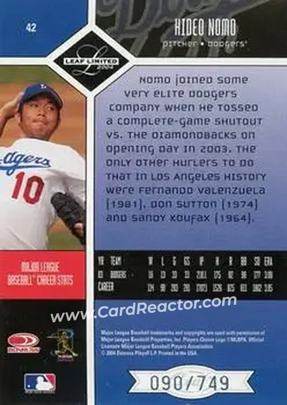 2004 Leaf Limited #42 - Hideo Nomo - Los Angeles Dodgers - Back