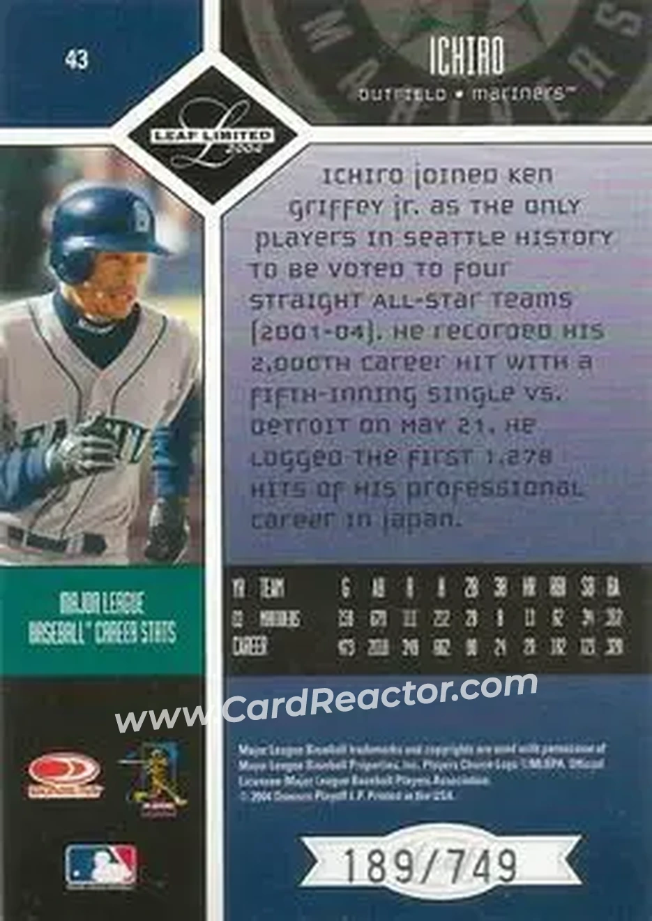 2004 Leaf Limited #43 - Ichiro - Seattle Mariners - Back