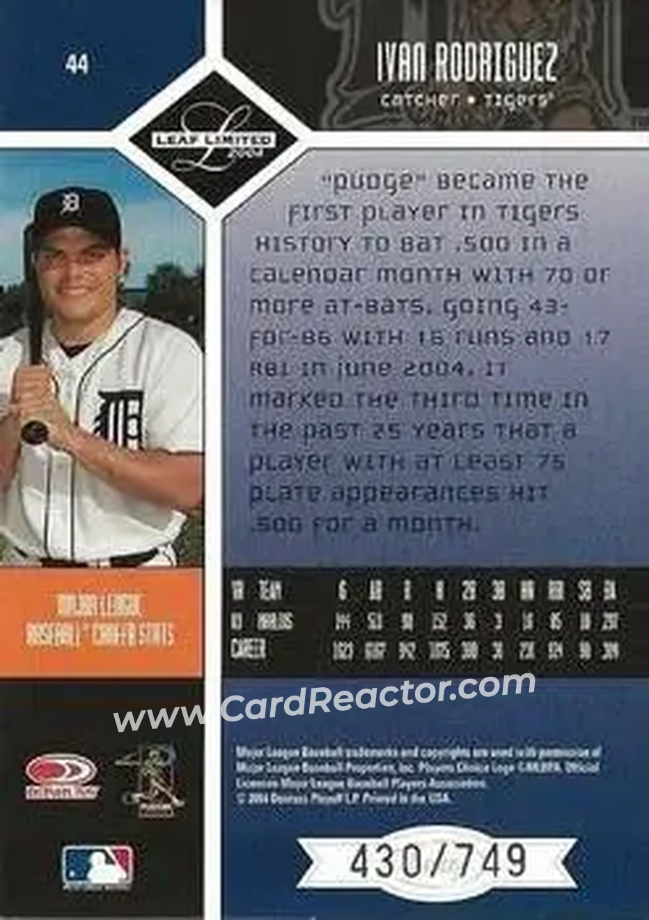 2004 Leaf Limited #44 - Ivan Rodriguez - Detroit Tigers - Back