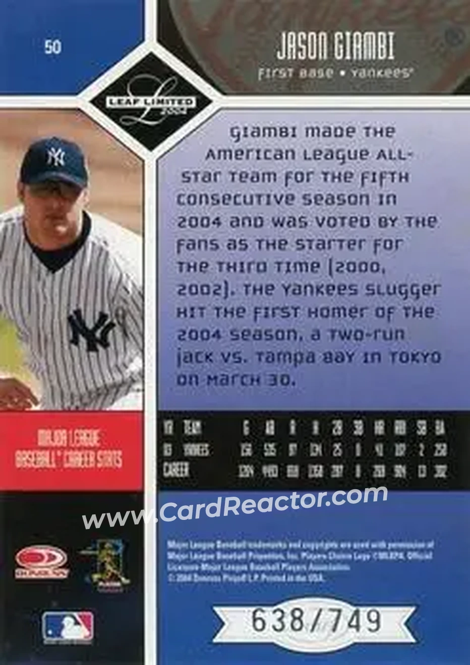 2004 Leaf Limited #50 - Jason Giambi - New York Yankees - Back