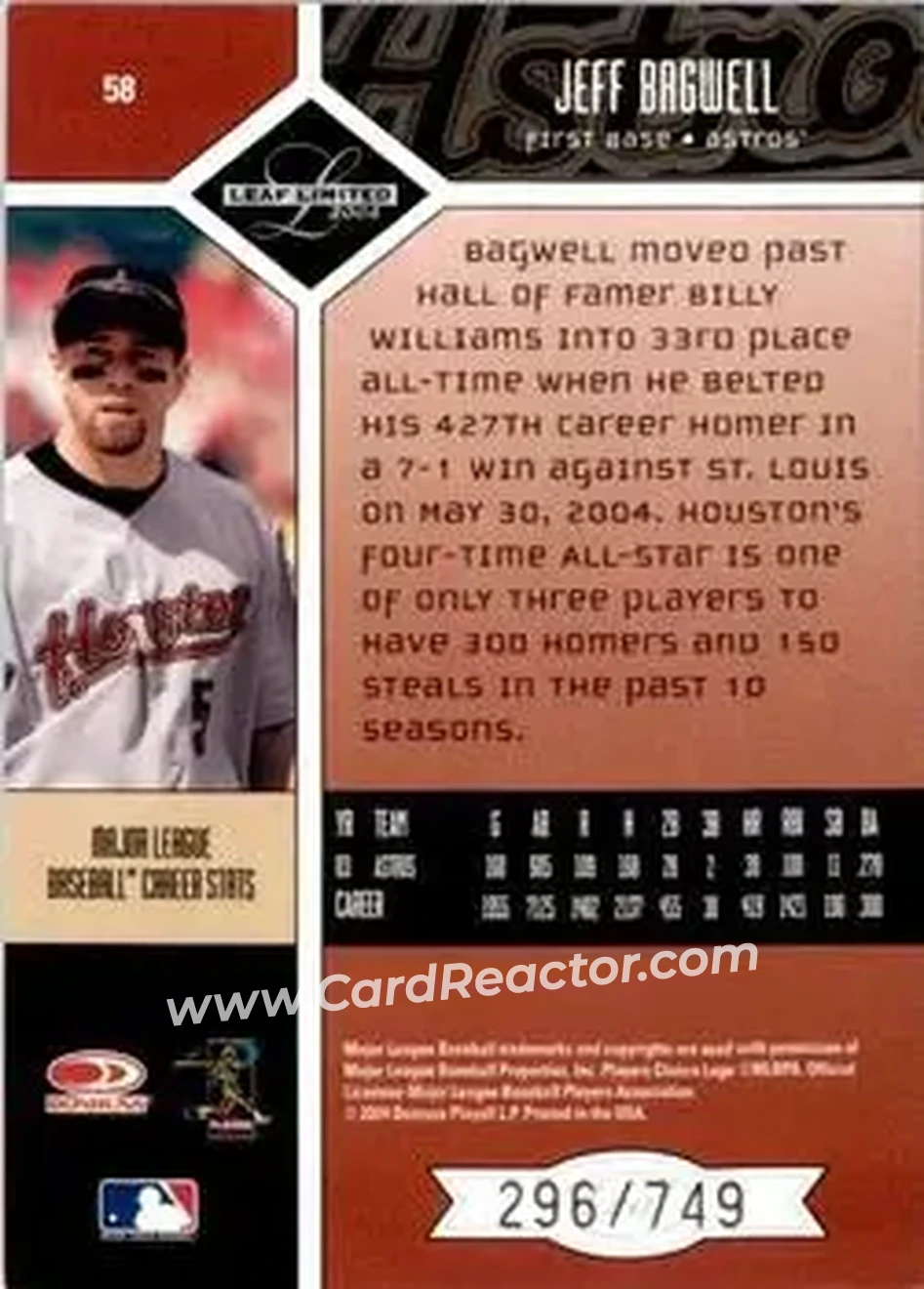 2004 Leaf Limited #58 - Jeff Bagwell - Houston Astros - Back