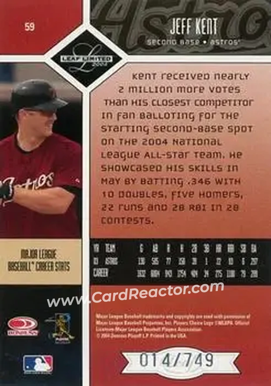 2004 Leaf Limited #59 - Jeff Kent - Houston Astros - Back