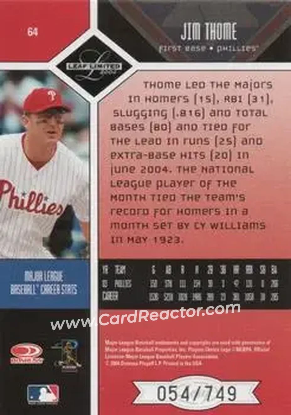 2004 Leaf Limited #64 - Jim Thome - Philadelphia Phillies - Back