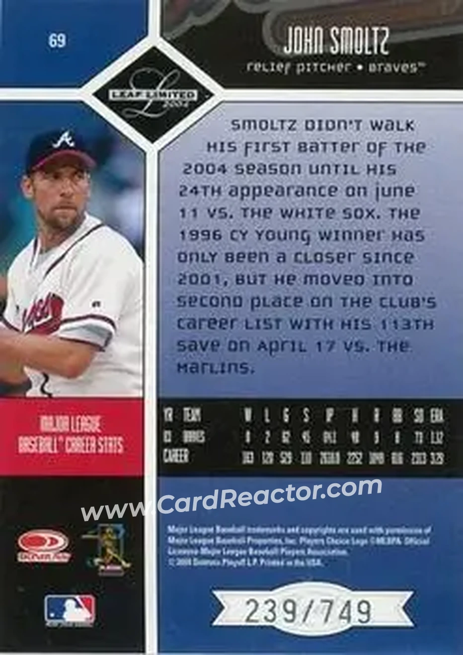 2004 Leaf Limited #69 - John Smoltz - Atlanta Braves - Back