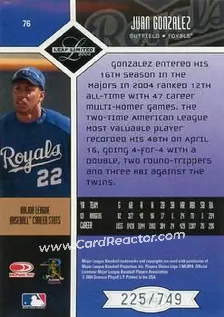 2004 Leaf Limited #76 - Juan Gonzalez - Kansas City Royals - Back