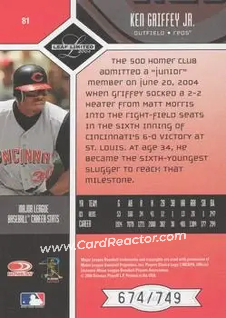 2004 Leaf Limited #81 - Ken Griffey Jr. - Cincinnati Reds - Back
