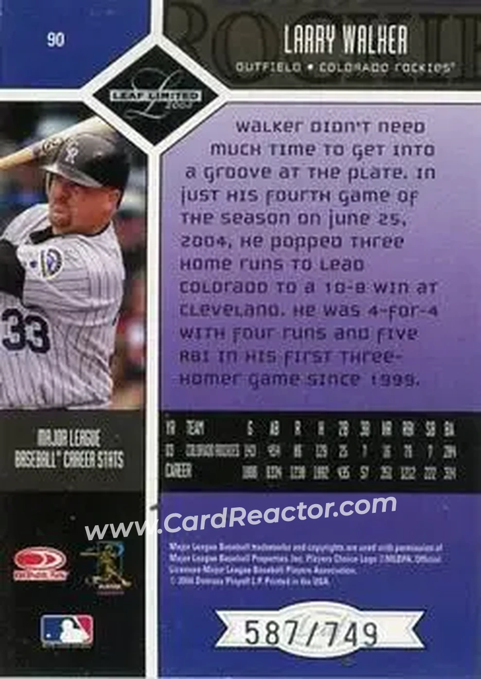 2004 Leaf Limited #90 - Larry Walker - Colorado Rockies - Back 2004 Leaf Limited #90 - Larry Walker - Colorado Rockies - Back