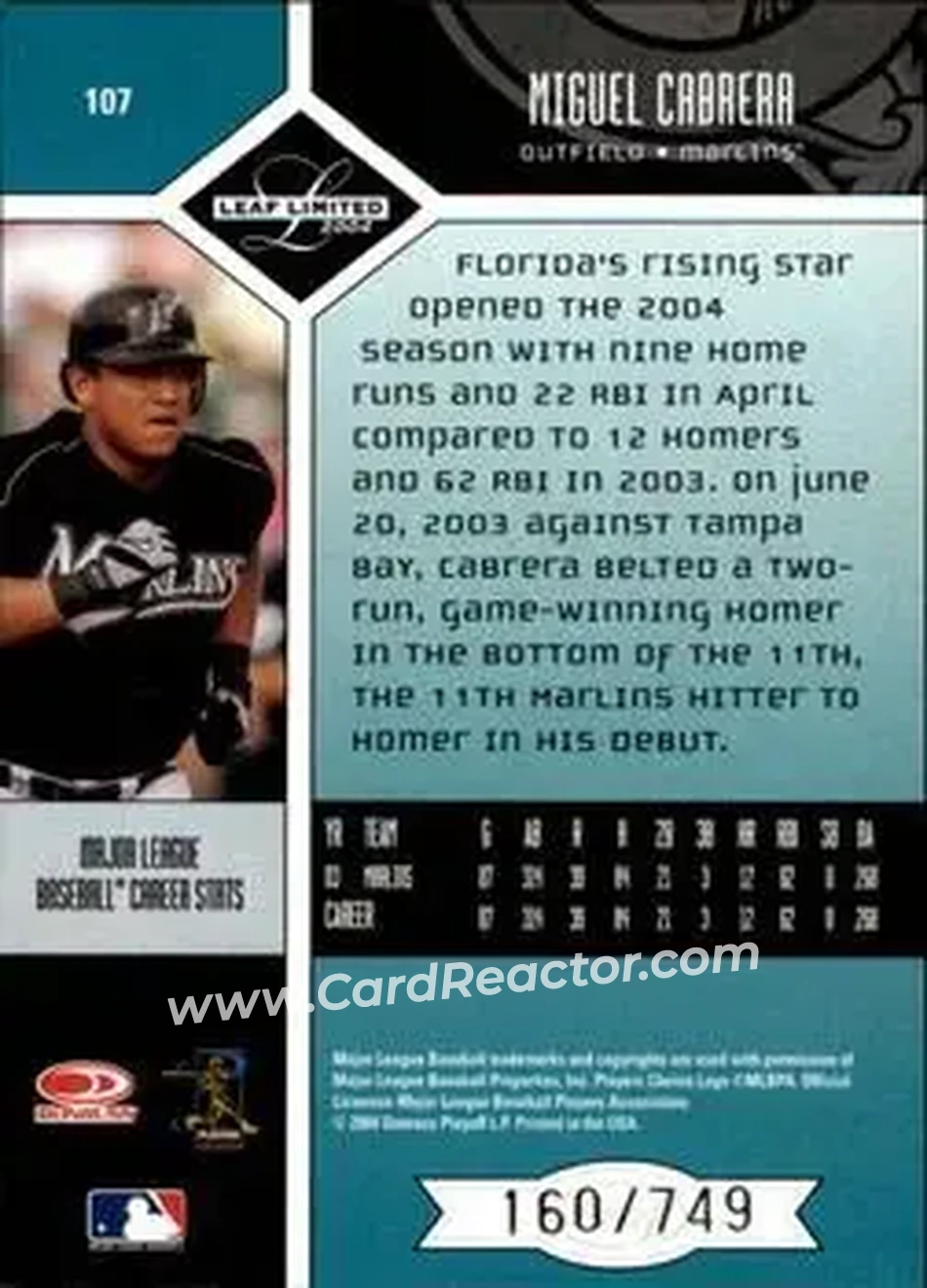 2004 Leaf Limited #107 - Miguel Cabrera - Florida Marlins - Back