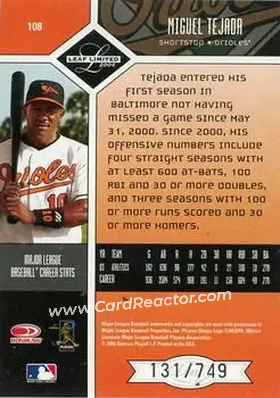 2004 Leaf Limited #108 - Miguel Tejada - Baltimore Orioles - Back