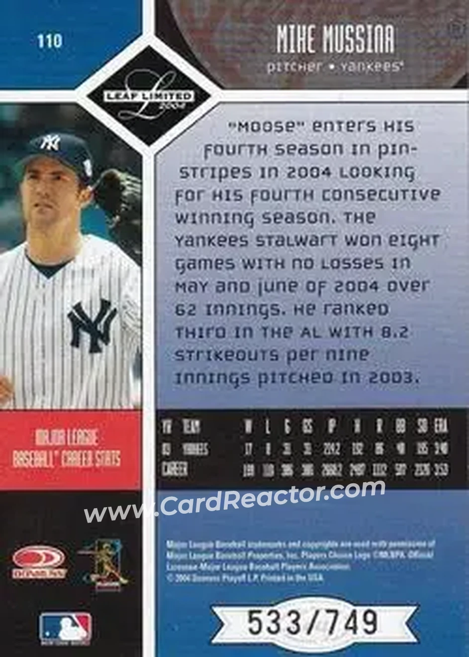2004 Leaf Limited #110 - Mike Mussina - New York Yankees - Back