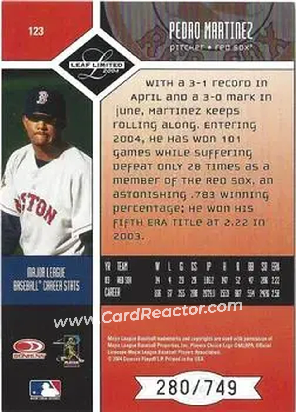 2004 Leaf Limited #123 - Pedro Martinez - Boston Red Sox - Back